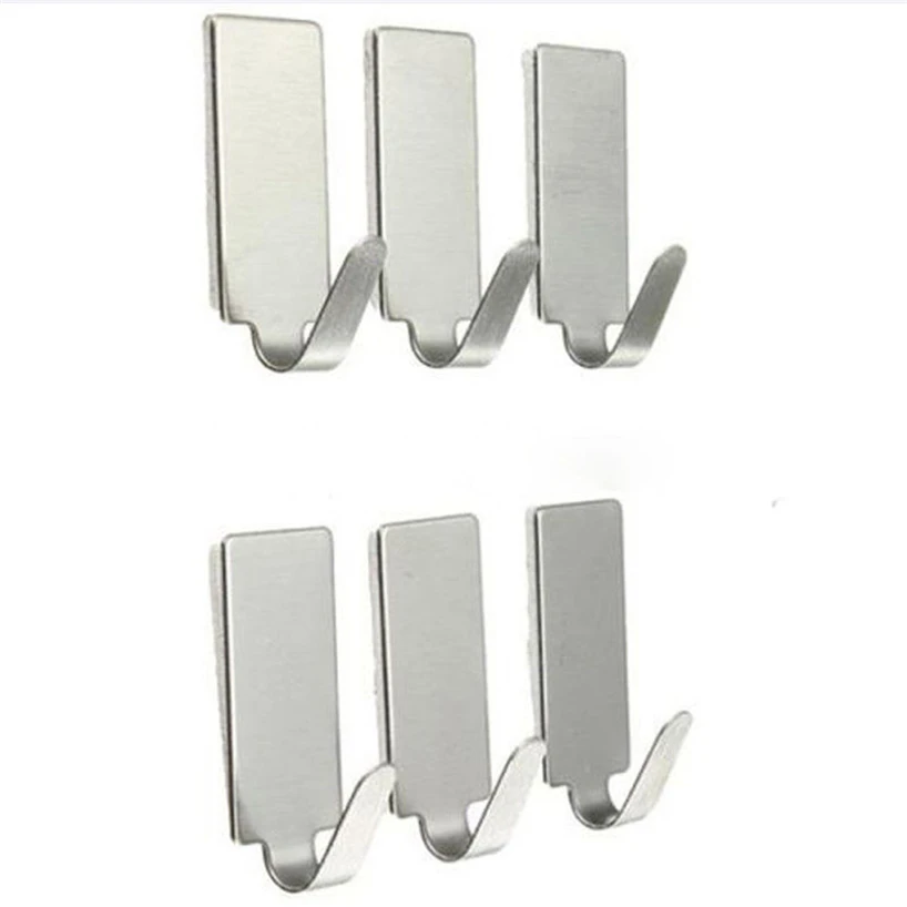 6PCS Self-adhesive Home Kitchen Wall Door Stainless Steel Bracket Hook Drying Rack Simple Mini Portable Lazy Office Supplies

