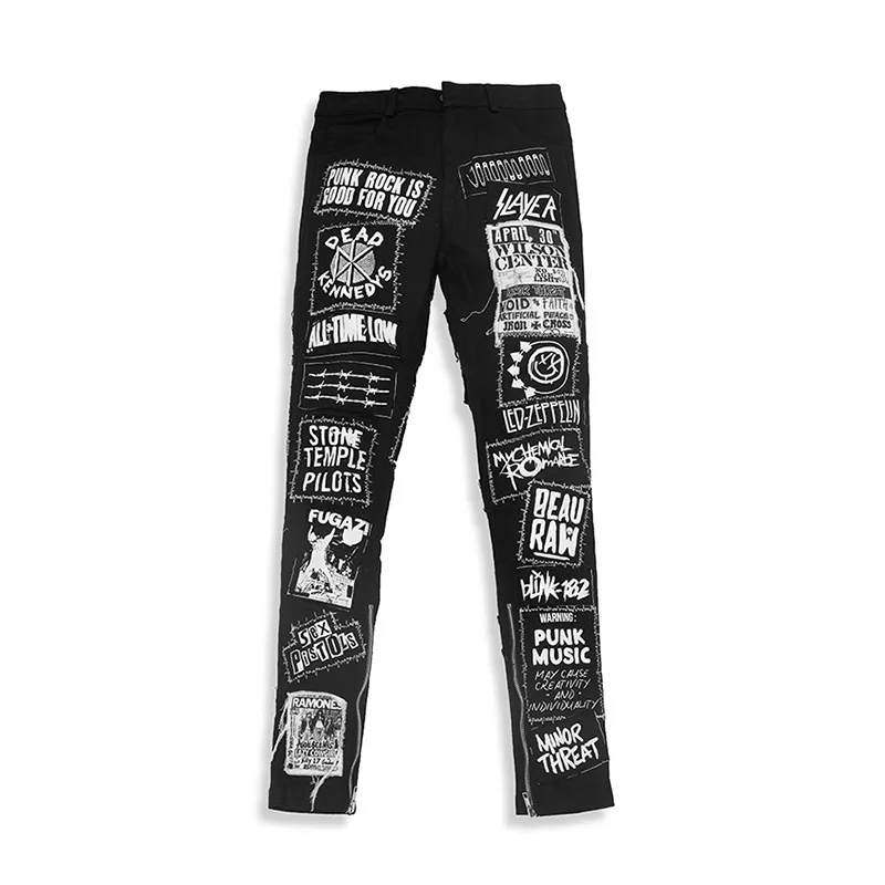 

KIOVNO Men's Graffiti High Street Denim Trousers Washed Fashion Badge Denim Trouser Male Streetwear Patchwork Black