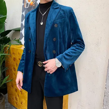 

Casual Suit Blazer Coat Uniform Male Streetwear Suit Jacket Outerwear Stage Clothing Men Velvet Vintage Double Breasted Loose