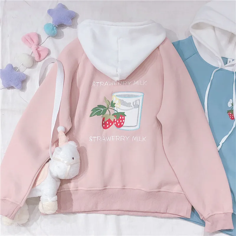Kawaii, маленький, свежий, мягкий, милый, с вышивкой клубники, свитер, пуловер, комбинированный цвет, плюс бархат, для студентов, свободный, с капюшоном, топы