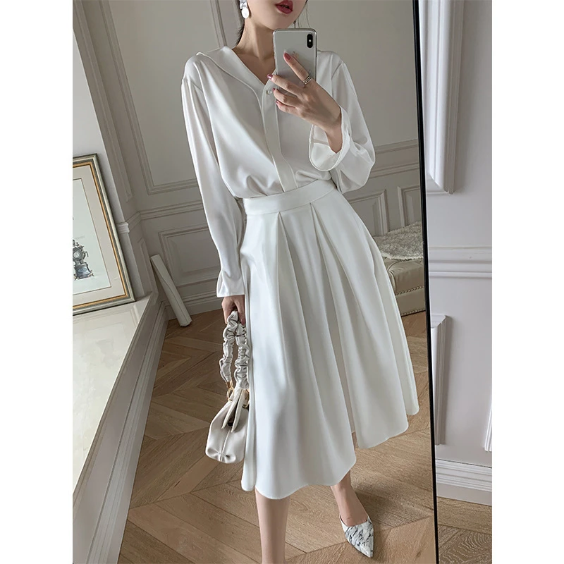 

LMQ NEW Early Spring Design Women's Sets Turn Down Chiffon Shirt Top + Long Skirt Simple Elegant Fashion Dress Two Pieces Sets
