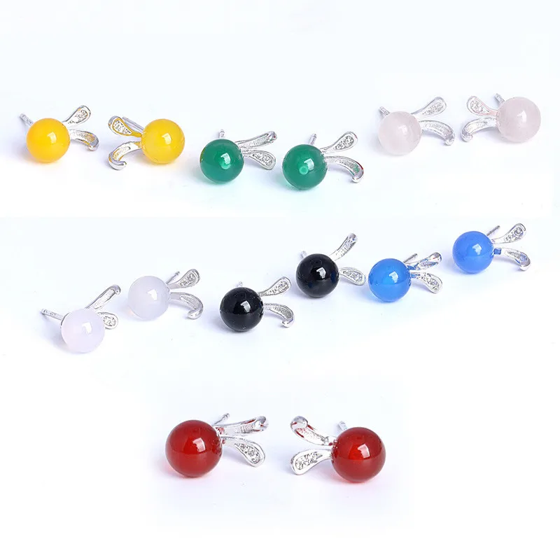 

925 Sterling Silver Fine Jewelry Stud Earrings For Women Rabbit Ears Agate Fine Jewelry Colorful Stone Romantic Cute Accessories