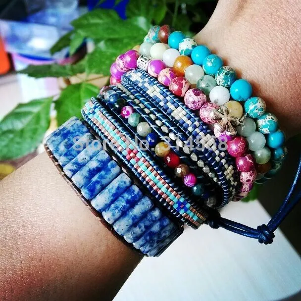 Boho трубка браслета ФОРМА натуральный камень один кожаный браслет обруча полудрагоценный камень для женщин бисерный Браслет манжета Прямая поставка
