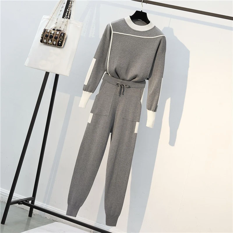 2021 Knitted Two Piece Sets Women Pullover Sweater and Pants Suit Tracksuit O-neck Sweater  Loose Trousers CHIC Carrot Pants Set colorful stripes men s t shirt trousers tracksuit 2 piece sets summer short sleeve pants funny smiley 3d printing street clothes