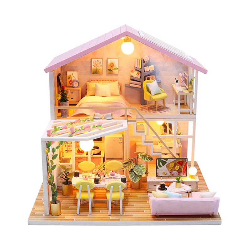 HUIOP Casa de boneca em miniatura DIY casa de boneca de madeira com mobília  e LED rosa claro Loft House Brinquedo infantil presentes criativos para