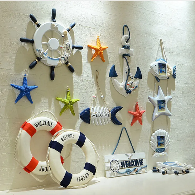 Mediterranean Starfish Fish Bone Pendant Rudder Tag Photo Frame Hanging Decoration Fishnet Anchor DIY Background Wall Crafts | Дом и сад
