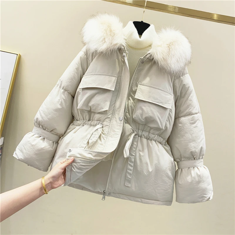 Koop Vielleicht 2019 Nieuwe Koreaanse Fur Hooded Jassen Parka Winter Jas Vrouwen Korte Stijl Tie Up Warm Dikke Slim Winter Jas vrouwelijke