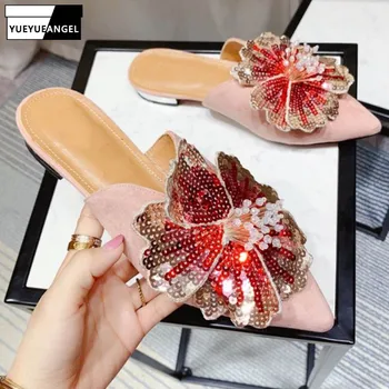 

Luxury Brand New Spring Summer Women's slippers Top Quality Women Flat Shoes Genuine Sheepskin Suede Leather Slippers Sequined