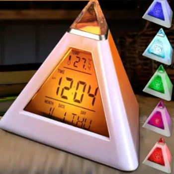 

7 LED Home Office Desk Pyramid Digital Backlight Color Everchanging Table Alarm Clock Thermometer LED DisplayCY