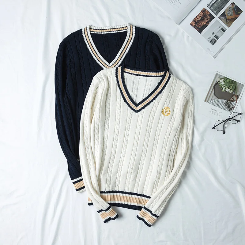 British School Uniform JK Sweater Cute Knitted New Sweater Cotton School Girls Uniform Tops Sweet Long Sleeve Blue White