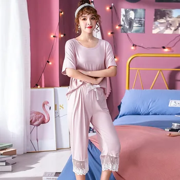 

Short Sleeve Lace Pajamas Comfortable Women Summer Pajama Sets Printed Polyester Sleepwear Pyjamas Young Girl Style Homewear