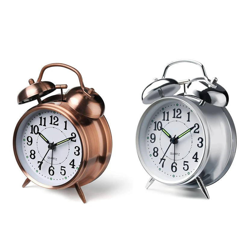 2Pcs Non-Ticking 4Inch Twin Bell Alarm Clock- Metal Frame 3D Dial with Backlight Function- Desk Table Clock for Home and Offic