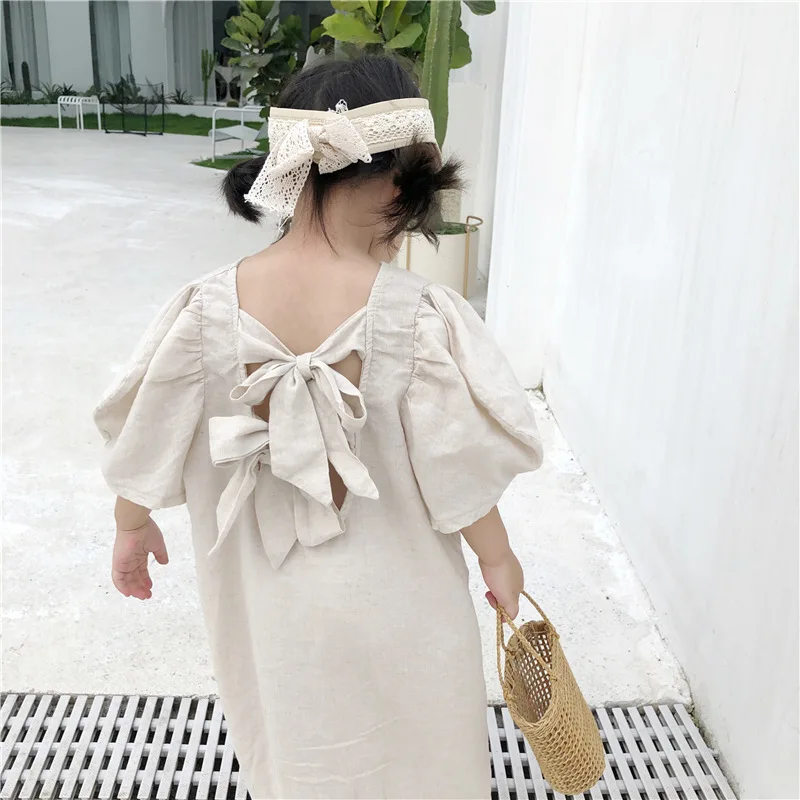 

Mqd2019 Summer South Korea Girls Cotton Linen Backless Bow Design Dress Girls Short-sleeved Long Dress