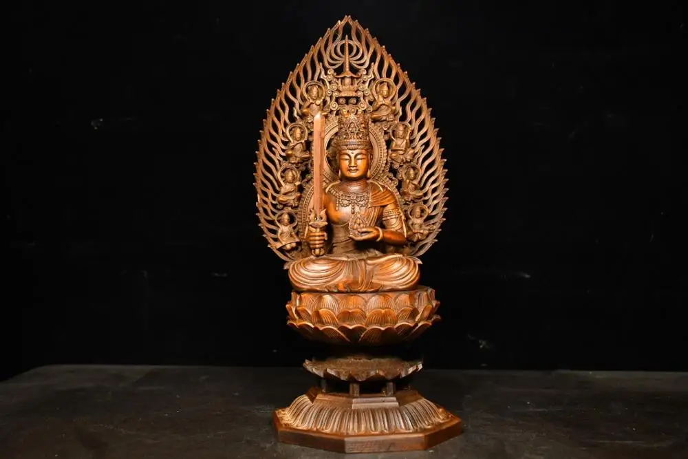 

Home Decor 12" China Collection Old Boxwood Manjushri Buddha Statue Guanyin sitting on the lotus platform Amitabha