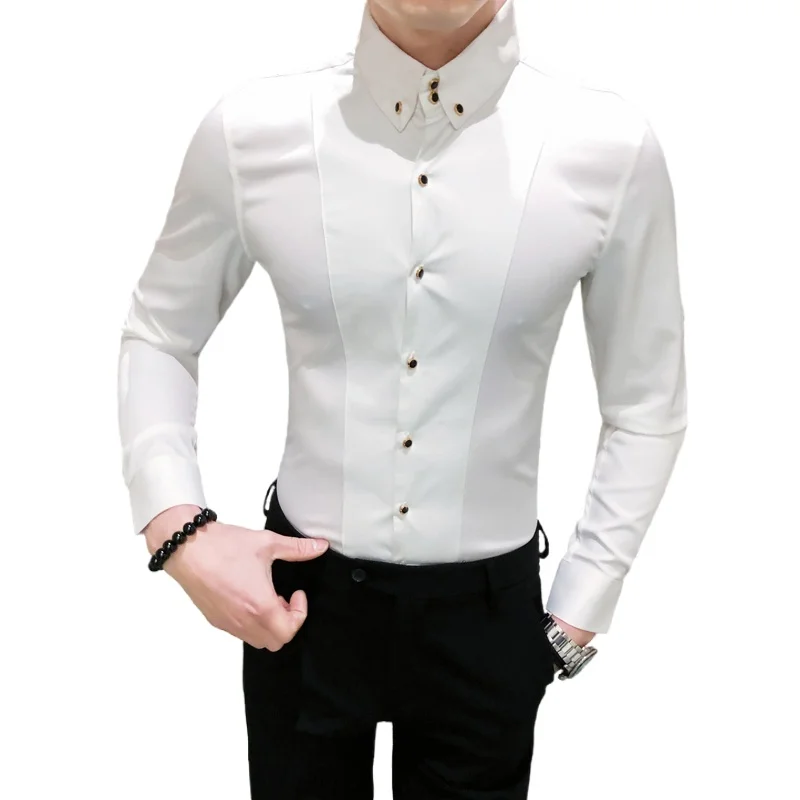 

Pure Color Business Shirt Black / White Slim Fit Men Prom Party Dress Shirts Fashion Stitching Tops