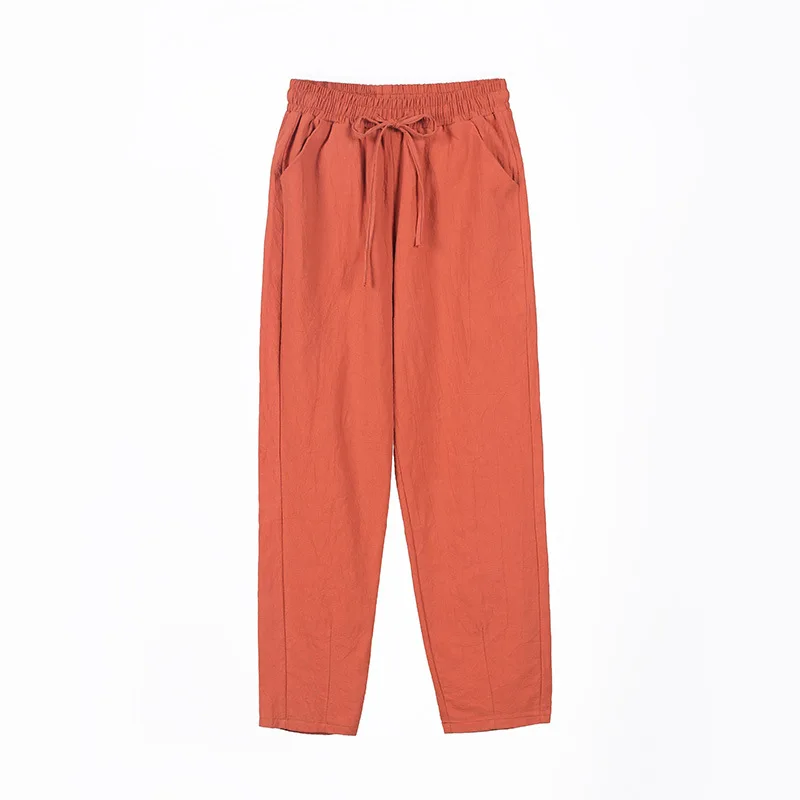 Spring Cotton Linen Pants Plus Size Loose Women Ankle Length Harem Pants Pocket Elastic High Waist Casual Trousers Orange Black