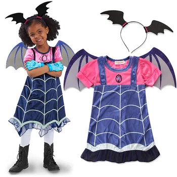

2PCS Vampirina Cosplay Dress With Bat Wings Headwear Cartoon New Girls Dresses Costume Halloween Party Vampire Girl Clothes
