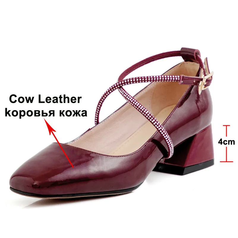 Meotina/женские туфли-лодочки на высоком каблуке; обувь из натуральной кожи на толстом каблуке с пряжкой; обувь из лакированной коровьей кожи с перекрестной шнуровкой; женская обувь; размер 40