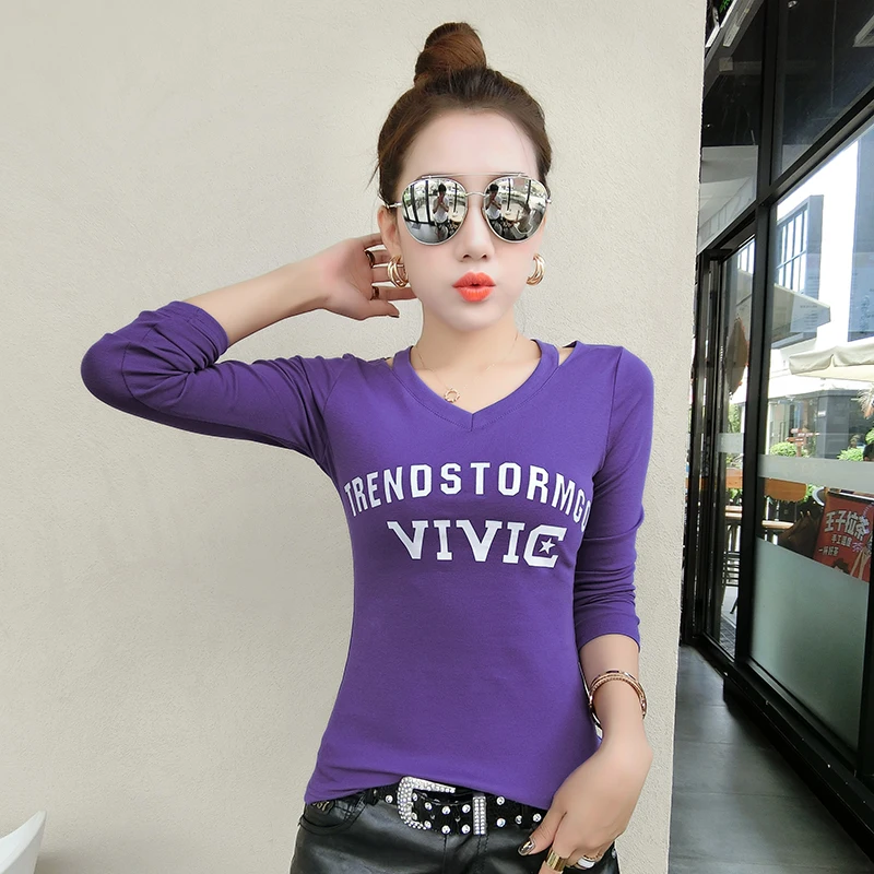 Purple tshirt Европейская Сексуальная Открытая футболка с буквенным принтом, Женские Новые осенне-зимние топы с принтом на спине, женская рубашка, Винтажная Футболка T9N717 - Цвет: Purple tshirt