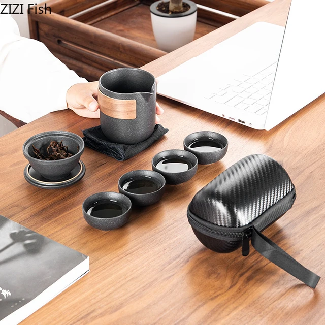 Black Ceramic Travel Tea Set With Handbag