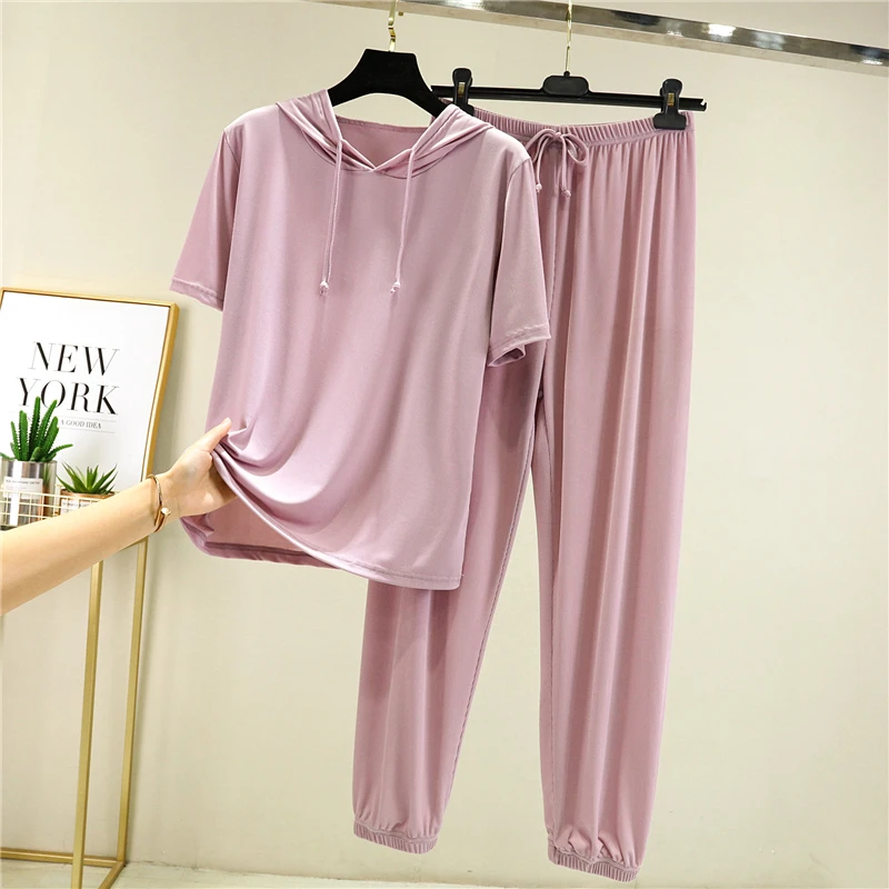 Hooded Short Sleeve Top and Cropped Pants Trousers Set Women 2021 Summer Thin Casual Loose Homewear Set Oversized Pajamas Set