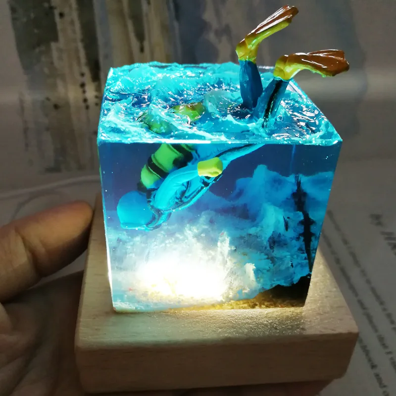 

New Style Resin Handicraft Ocean Wave Cube Block Home Decor/Miniature Diving Keepsake/Interior Desk USB Night light Accessories
