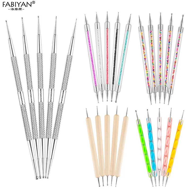 5Pcs Set UV Gel Painting Nail Art Dotting Pen Acrylic Handle Rhinestone Crystal 2 Way Brush Salon Decoration Manicure Tools Kit 2