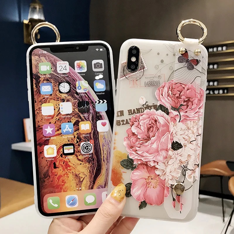 SoCouple Stand Holder Case For iphone X Xs max XR Case For iphone 6 6s 7 8 plus Flower Soft TPU Wrist Strap Phone Case Cover (9)