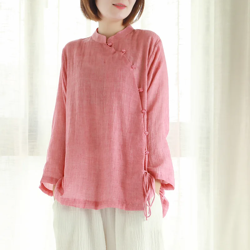 

2019 Chinese Style New Women Stand Shirts Button Seven Sleeve Autumn Blouses Solid Color Belt Women Vintage Shirts Top