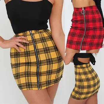 

Fashion Sexy Women Skirts Plaid Front Zipper High Waist Slim Bodycon Mini Skirt Women Clothes