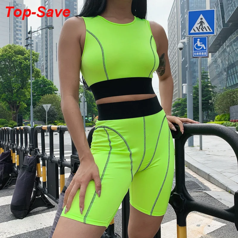 

Fashion Casual Bandage Sports Suit Woman Fitness Vintage Striped Patchwork 2piece Set Women Great Crop Top And Biker Shorts Set