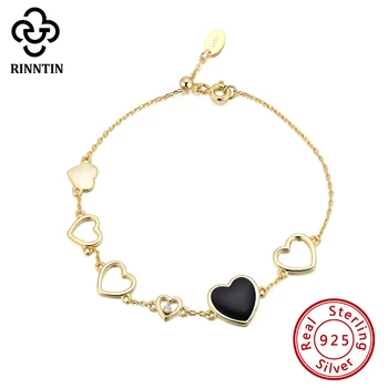 

Rinntin Real 925 Sterling Silver 6 Heart Shapes Red Black Enamel Bracelet Length 18CM Trendy Chain For Female Dating EQB03