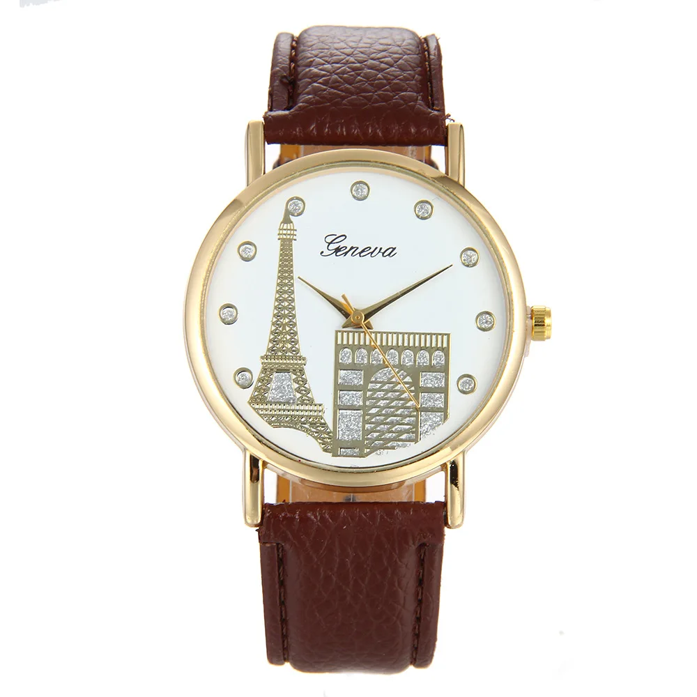 

Fashion Valentine's Day Gift Paris Eiffel Iron Tower Couples Diamond-embedded Watch Trend Women's Leather Strap Watch Pd104