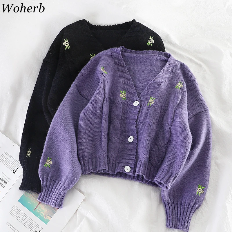 Woherb 花柄の刺繍が施された女性用カーディガン 長袖ニットジャケット ヴィンテージカーディガン 韓国スタイル 秋のコレクション Cardigans Aliexpress