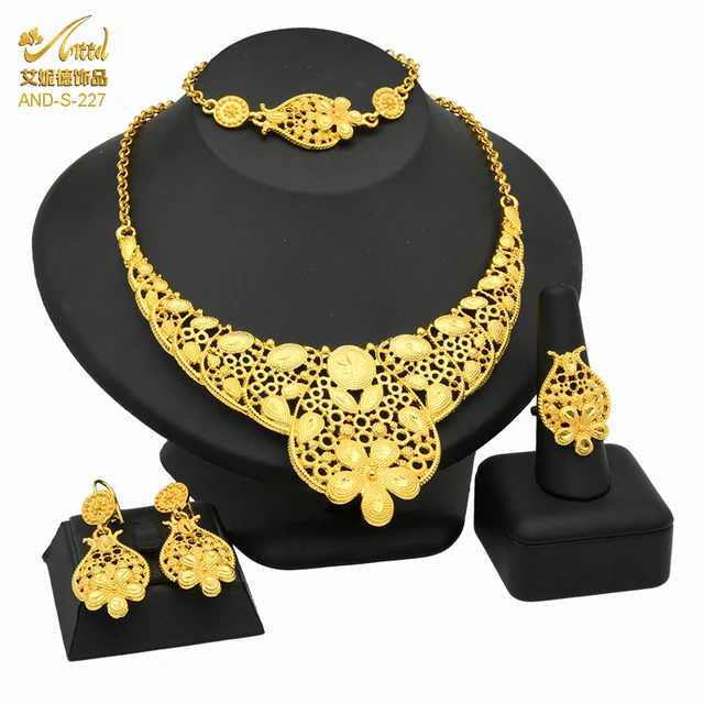 Indian Jewelry Set Wedding 24k Gold Color African Jewelry Dubai Bridal Sets Nigerian Necklace Bracelet Earring Gold Jewellery S-227-Gold