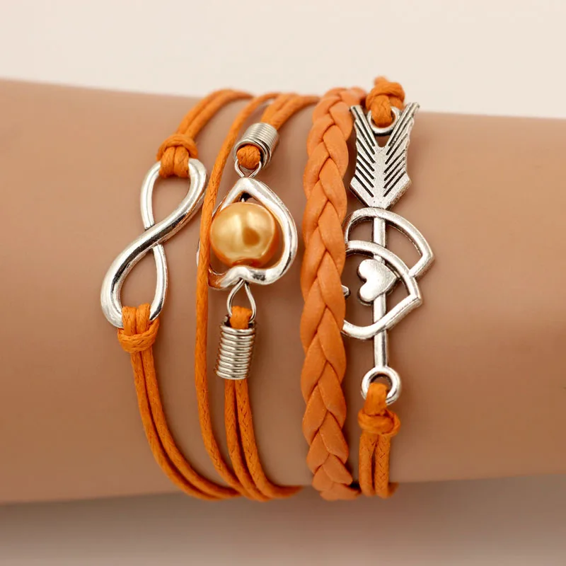 SUMENG брендовые кожаные браслеты для женщин обертывание Бесконечная любовь сердце жемчуг дружба Античная Кожа браслет с подвесками pulseira - Окраска металла: Orange