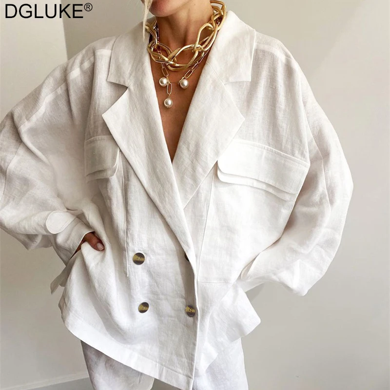 

DGLUKE Stylish Pockets Oversized Jacket Coat Women 2021 Long Sleeve Double Breasted Loose Outerwear Cotton Linen Tops Streetwear