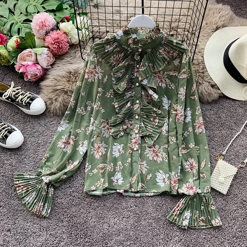 green Neploe, женская шифоновая блузка, плиссированная, с оборками, из кусков, Blusas, топ, новинка, Корейская, расклешенная, с длинным рукавом, с цветочным принтом, рубашка 55846 - Цвет: green