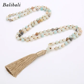 

BALIBALI 4mm/6mm/8mm Matte Amazonite Bead Necklace Hand Knotted 108 Mala Beads Necklace Yoga Meditation Jewelry Tassel Necklace