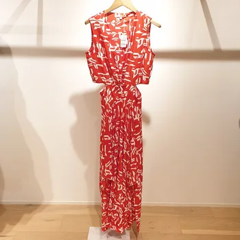 

2020 Women Red Maxi Dress Sleeveless Flower Print V Neck Spring Summer Waist Hollow Out Slim Elegant Bohemian Long Tank Dresses