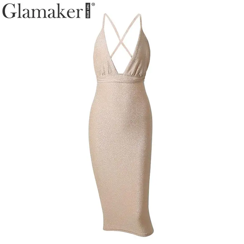 Glamaker, сексуальное Бандажное длинное платье с открытой спиной и люрексом, женское осеннее платье с глубоким v-образным вырезом, элегантное женское облегающее платье, вечерние платья для клуба, vestidos