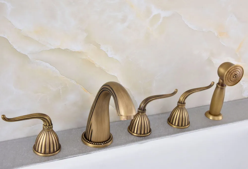 Vintage Retro Antique Brass Widespread 5 Holes Bathroom Roman Tub Bath Faucet with Telephone Style Hand Held Shower Head atf242