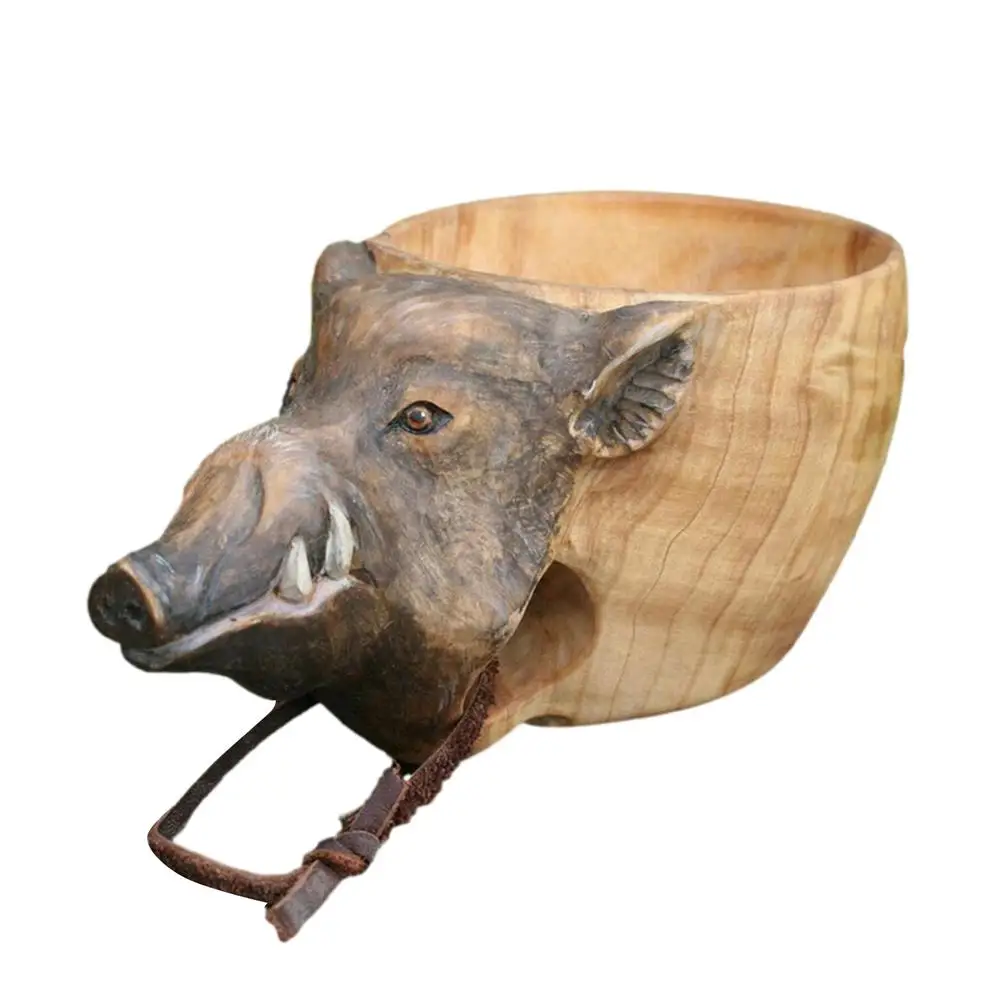 Nordic Creative Portable Kuksa Rubber Wooden Water Cup Hand Carved Animal Head Juice Milk Tea Coffee Drinking With Handle | Дом и сад