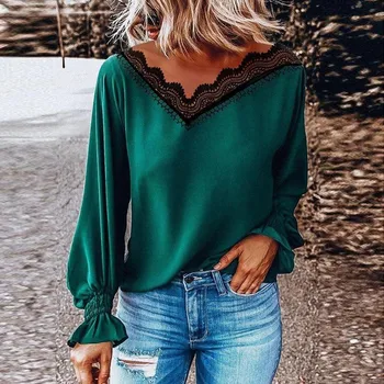 

Women's Lace V-neck Chiffon Loose Casual Long Sleeve Tops Female Clothing Camisetas Verano Mujer 2020