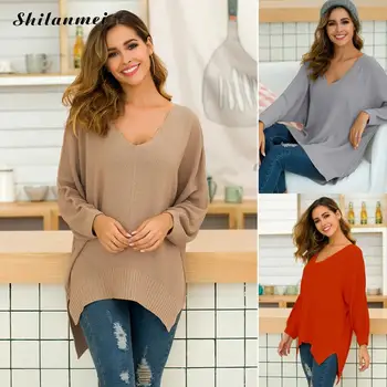 

European Style Women Irregular Knitted Sweater Soft Pullovers V Neck Long Sleeve Casual Loose Knitwear Fashion Femme Blouse