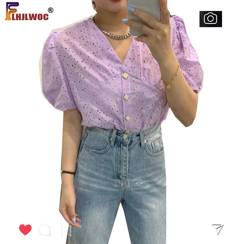 Шикарные корейские топы с пышными рукавами новый дизайн романтичная фиолетовая