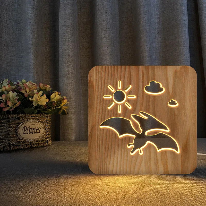 

Pterodactyl Led Table Lamp Bedroom Decoration Solid Wood Hollow Carving 3d Usb Night Light Creative Gift