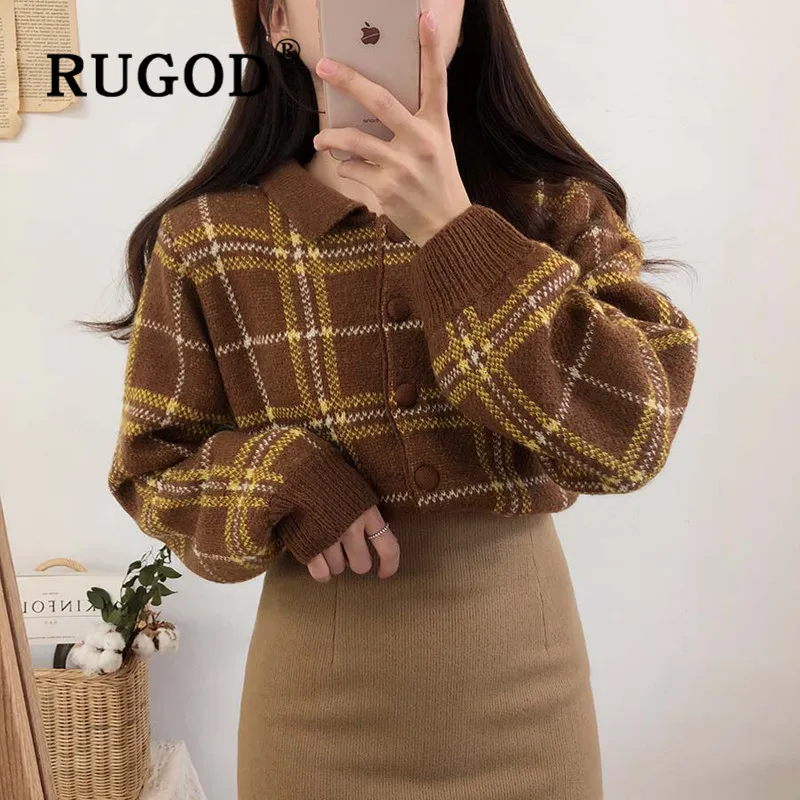 RUGOD, винтажный вязаный свитер, клетчатый кардиган, отложной воротник, зимние топы для женщин, вязаная одежда, Свободный корейский стиль, мода