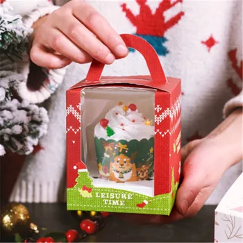 

Christmas Baking Tools Doughnut Cookie Container Transparent Window Small Cupcake Box Swiss Roll Paprer Box Collapsible Gift