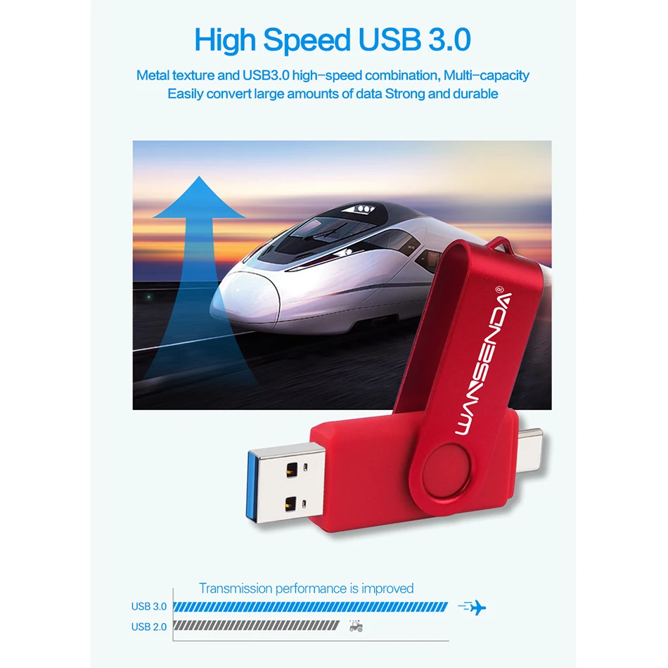 Wansenda-unidade Flash Usb Stick para Android tipo c e pc Pen Drive Usb 3.0 64gb 32gb 128gb 256gb - Imagem 4